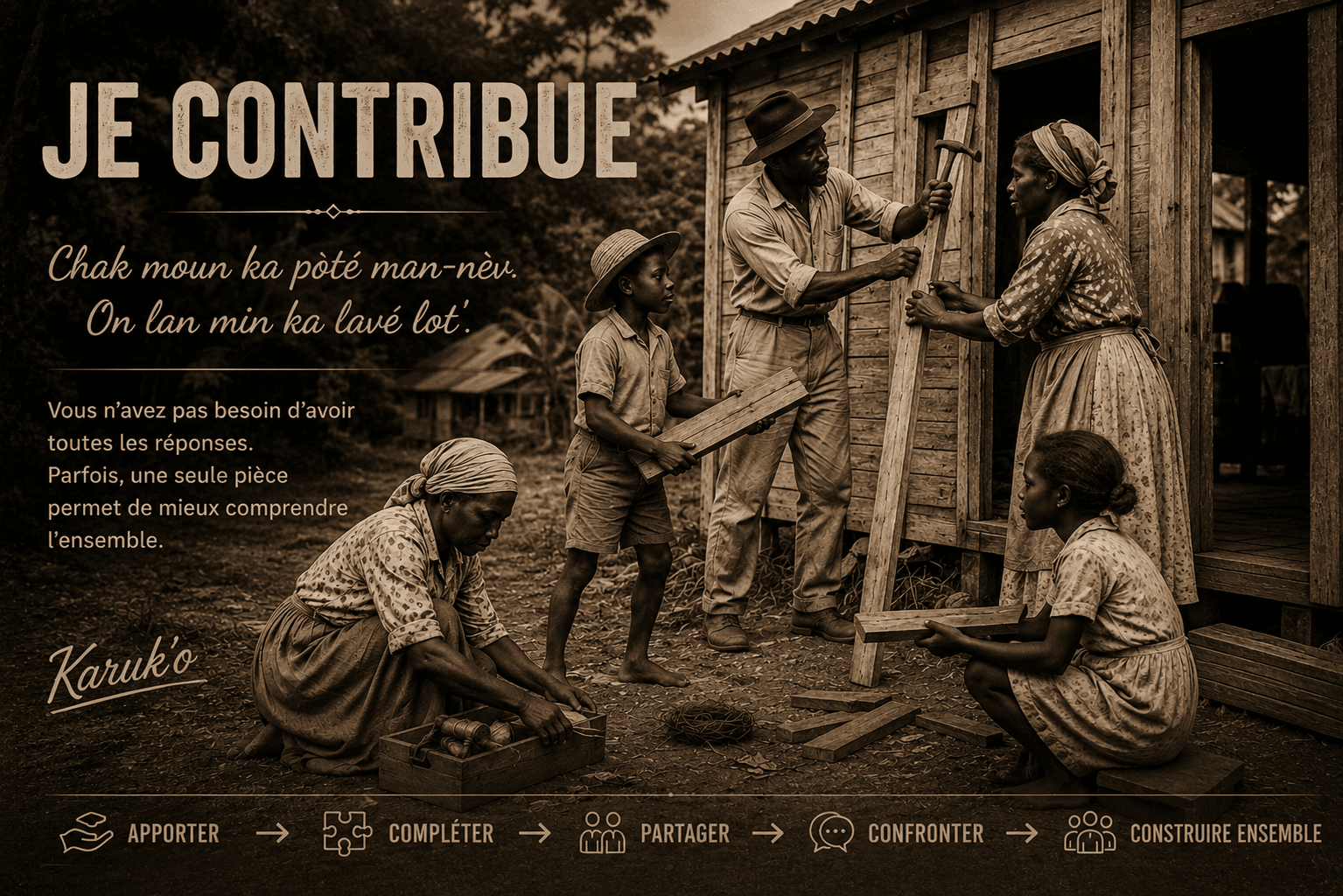 Je contribue — chaque personne apporte sa pièce pour compléter, partager, confronter et construire ensemble avec Karuk’O.