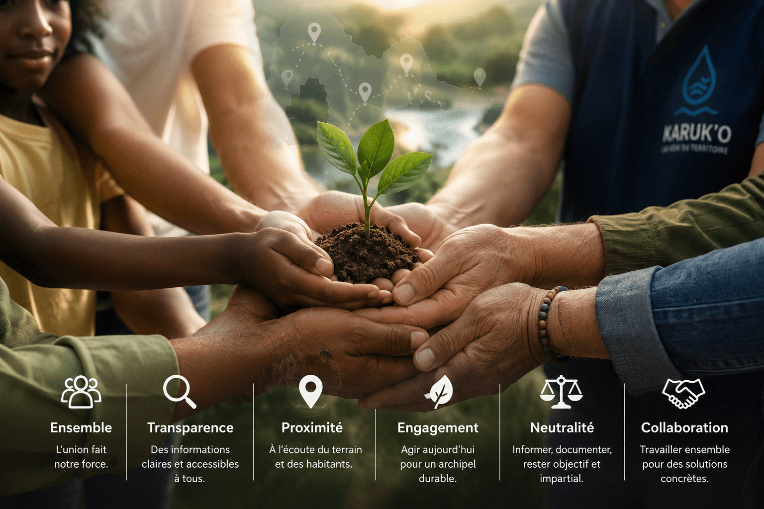 Les valeurs Karuk'O : ensemble, transparence, proximité, engagement, neutralité et collaboration.