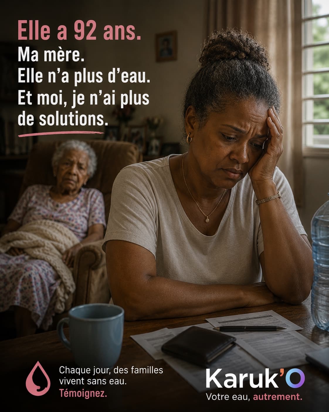 Une fille préoccupée aux côtés de sa mère de 92 ans confrontée aux coupures d’eau