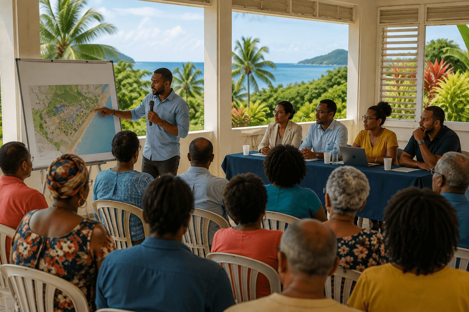 Réunion citoyenne autour de documents et de données à examiner.