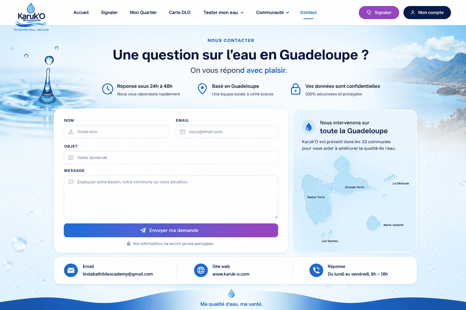 Contact Karuk'O : une question sur l'eau en Guadeloupe, formulaire de demande et présence dans les 32 communes