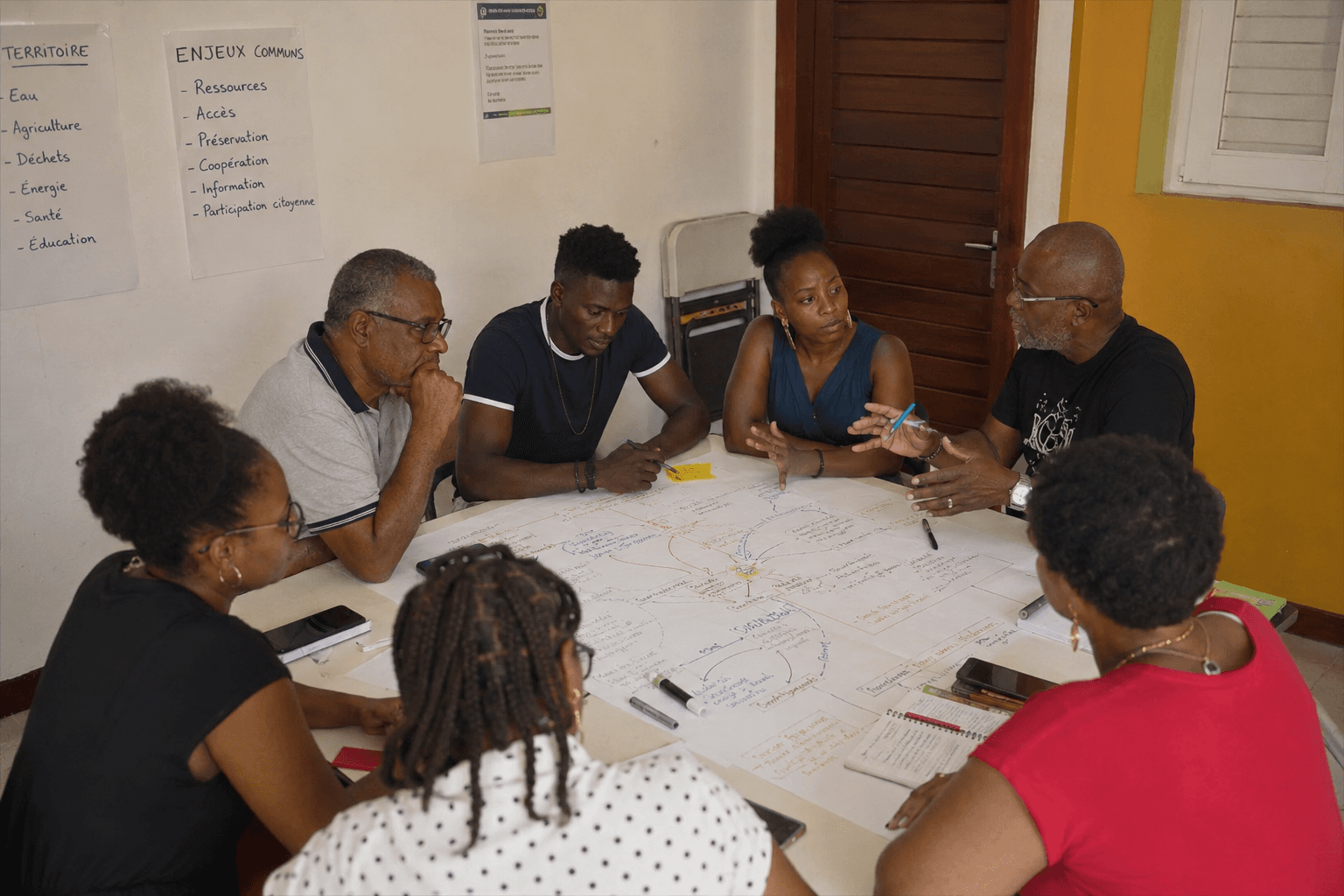 Groupe réuni autour d’une représentation des relations entre les systèmes de l’archipel.